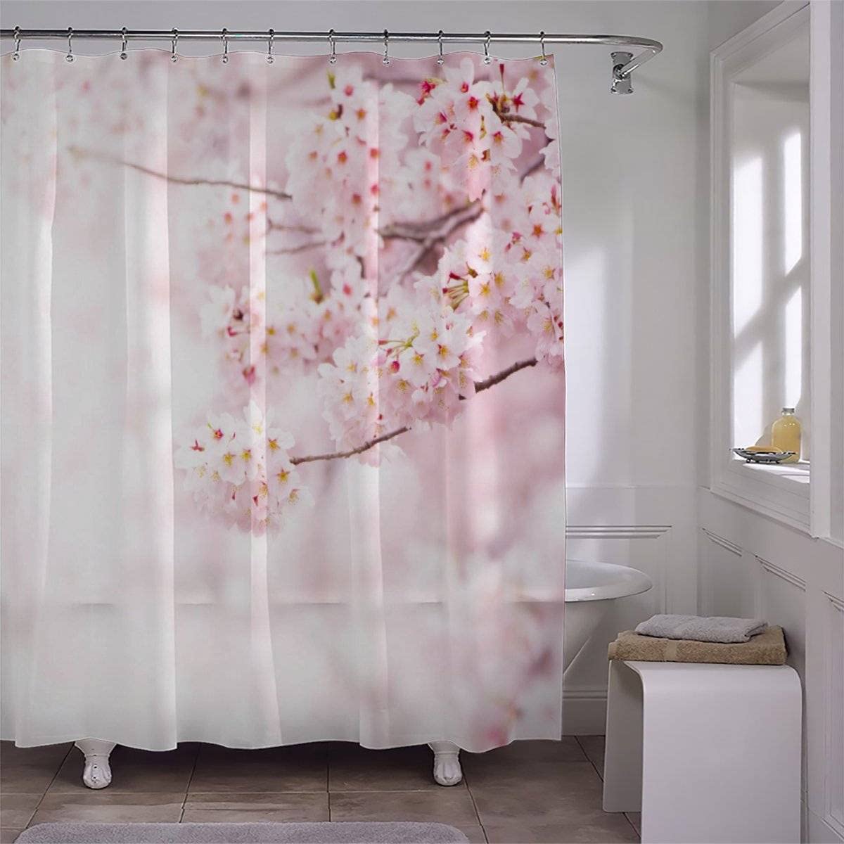 Tenda da doccia 240 x 200 cm, rosa Sakura, antimuffa, impermeabile, extra lunga, con 12 anelli per tenda da doccia, motivo floreale 3D, per bagno e bagno