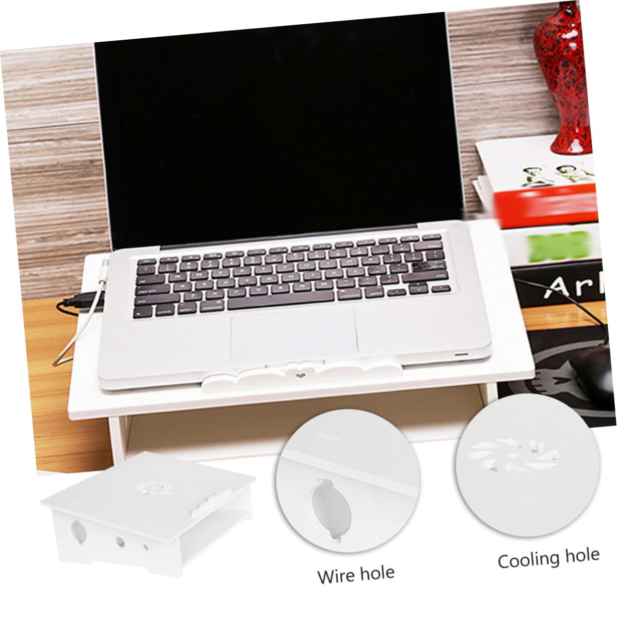 jojofuny Supporto per Laptop in Legno-plastica Bianco, Angolo Ergonomico e Antiscivolo, per Ufficio e Casa, Spazio Portaoggetti