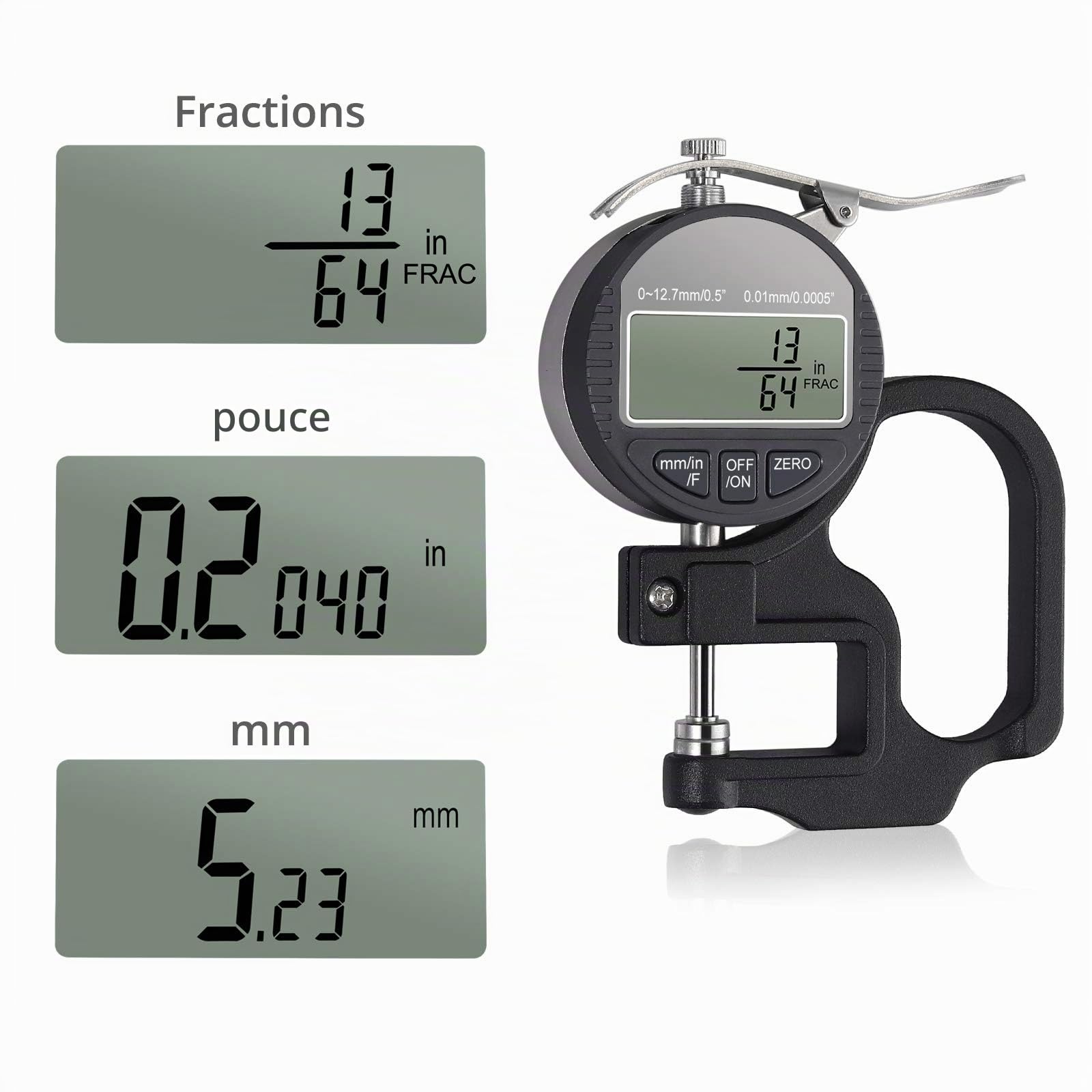 Neoteck Jauge d’Epaisseur Numérique Mesure Thickness Digital 0-12.7 mm,0.01mm/0.0005"/1/128"Micromètre Eléctrique Mm/Pouce/Fraction Pourcentage Affichage LCD à Cristaux Liquides Tissu Cuir Papier