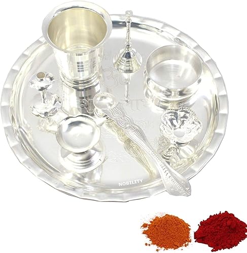 NOBILITY Juego de Puja Thali chapado en plata para el festival del templo Mandir, regalo étnico Pooja Thali para oficina en casa, Diwali, artículos