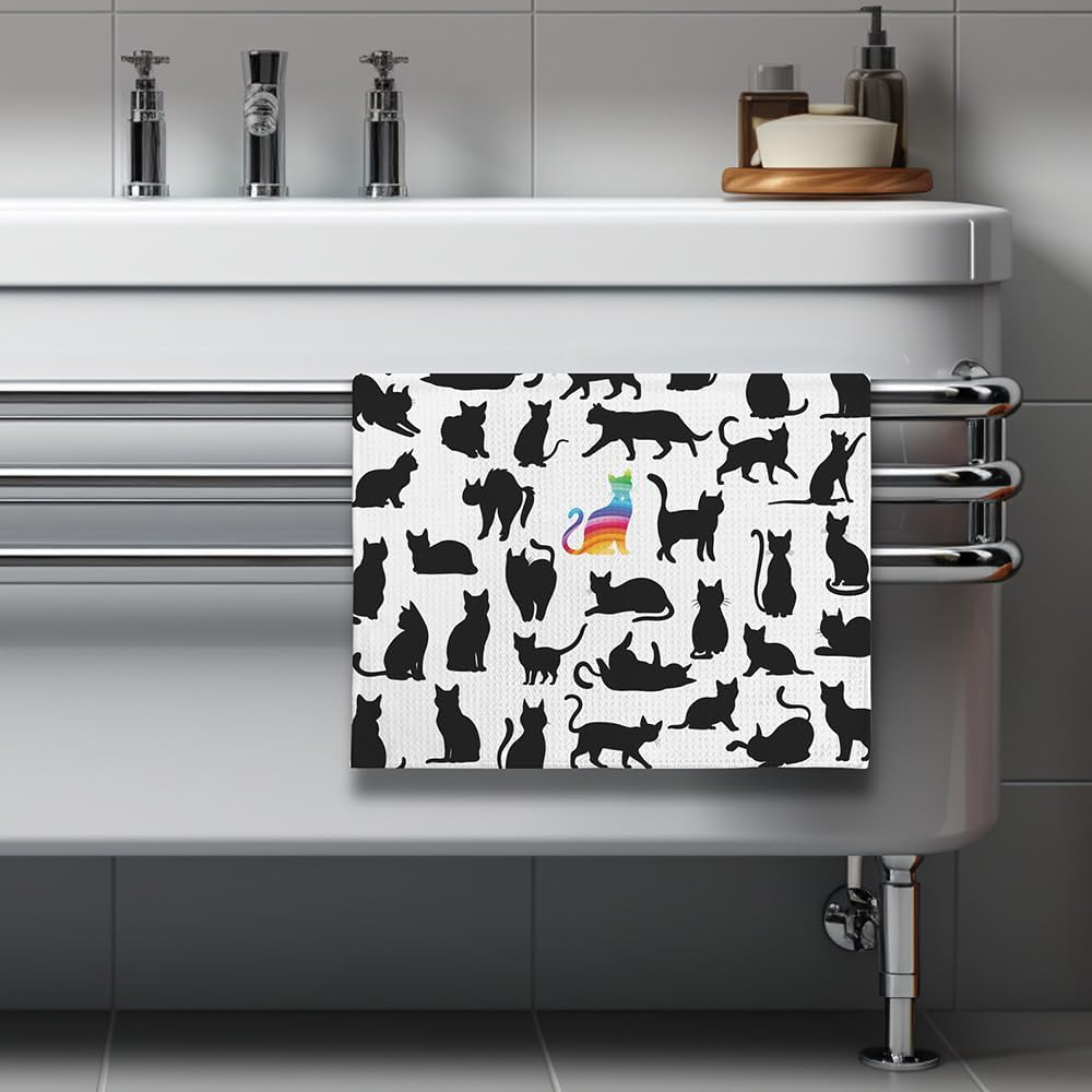Funny Kitchen Towels - Rainbow Prismatic Feline Centerpiece Among Midnight Cat Flock, Empowering Decorative Hand Towel for Unique Cat Ladies & Nonconformist Pet Moms | Quick-Dry Novelty Dish Cloth image 5