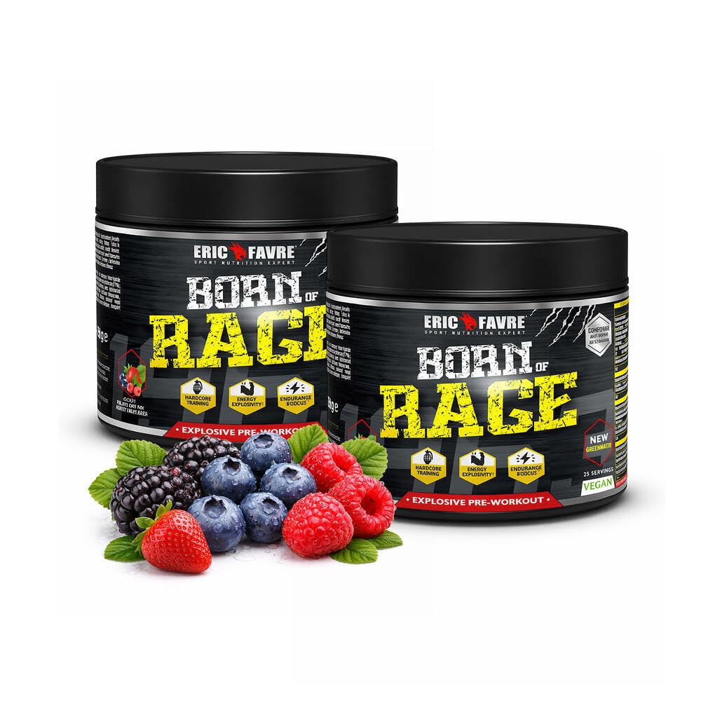 PRE- WORKOUT Born Of Rage - Polvere esplosiva vegana - Miglioramento muscolatura - Energia e resistenza - Anti fatica per allenamenti intensivi - Lotto di 2 x250 g - Laboratorio francese Eric Favre