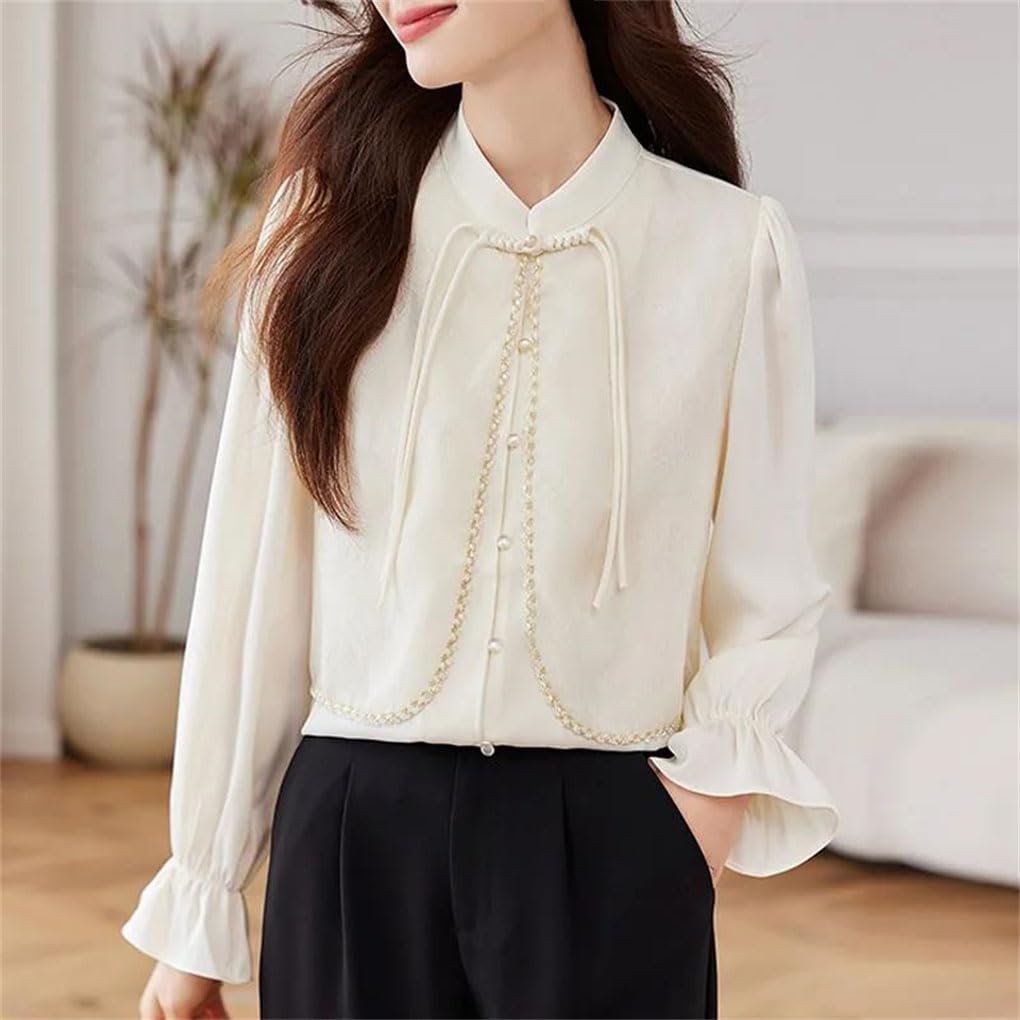 Camicetta da donna a maniche lunghe con colletto rialzato, in chiffon, con bottoni