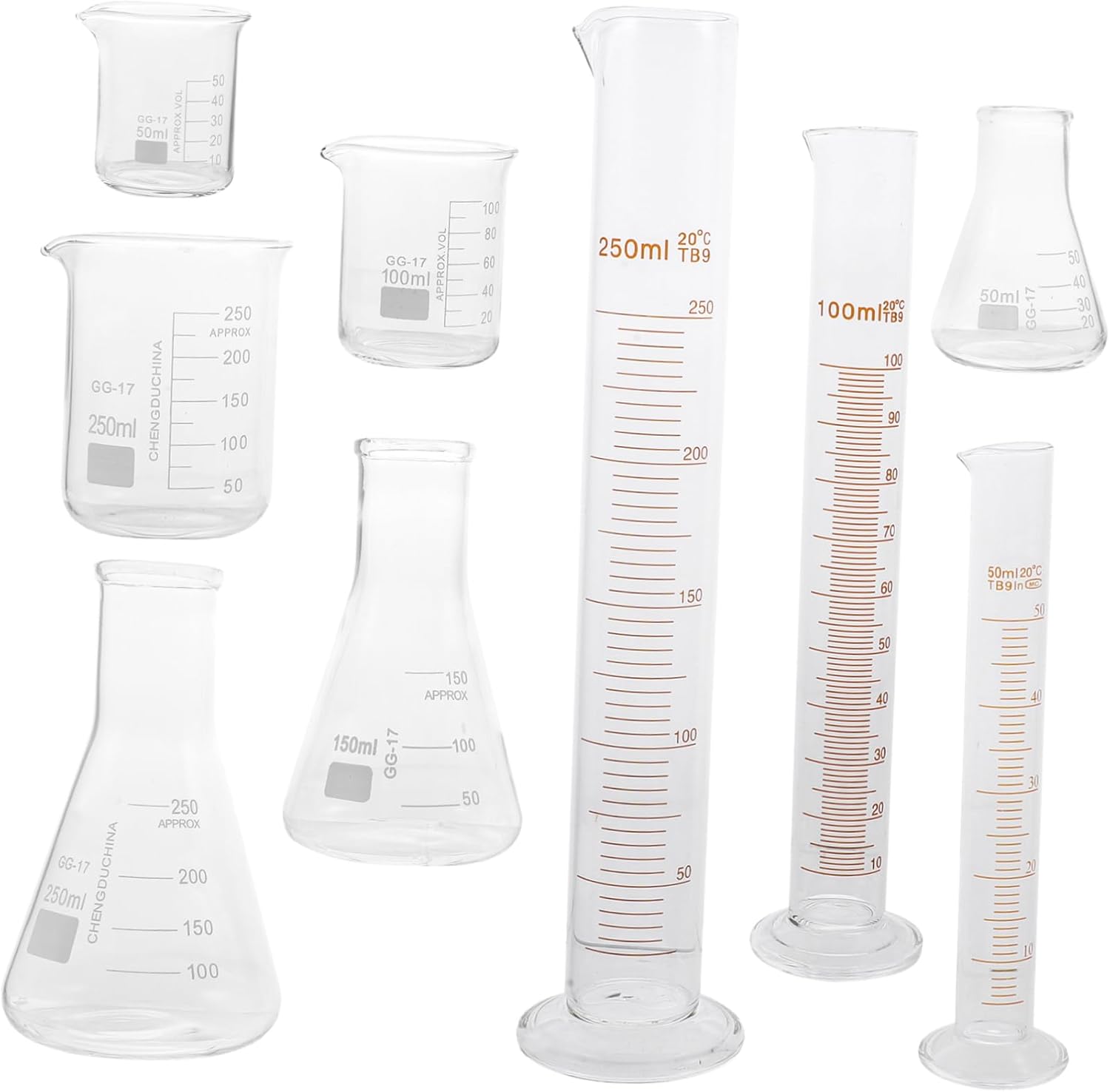 Alipis 9pcs Scientific Glassware Includes Measuring Cylinder Conical Flask Beaker for Chemistry Research Education Capacities Scale High Chemical Durability