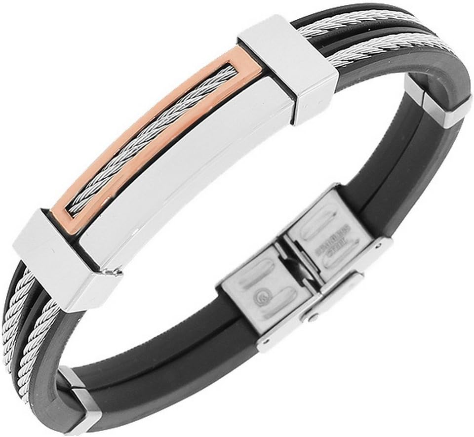 My Daily Styles Stainless Steel Black Rubber Silicone Silver-Tone Rose Gold-Tone Twisted Cable Men's Bracelet