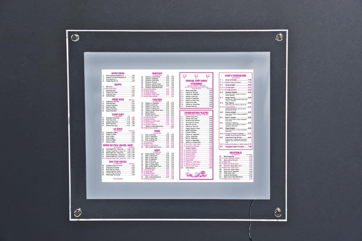 LED Illuminated Menu Sign, 8.5 x 11 Wall Mounting in Portrait or Landscape
