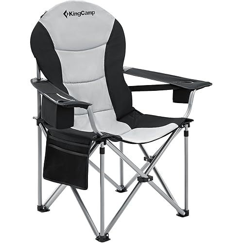 KingCamp Oversized Camping Folding Chair with Lumbar Support, Heavy Duty Ergonomic Padded Arm Chair with Cooler Bag, Cup Holder, Portable for Outdoor