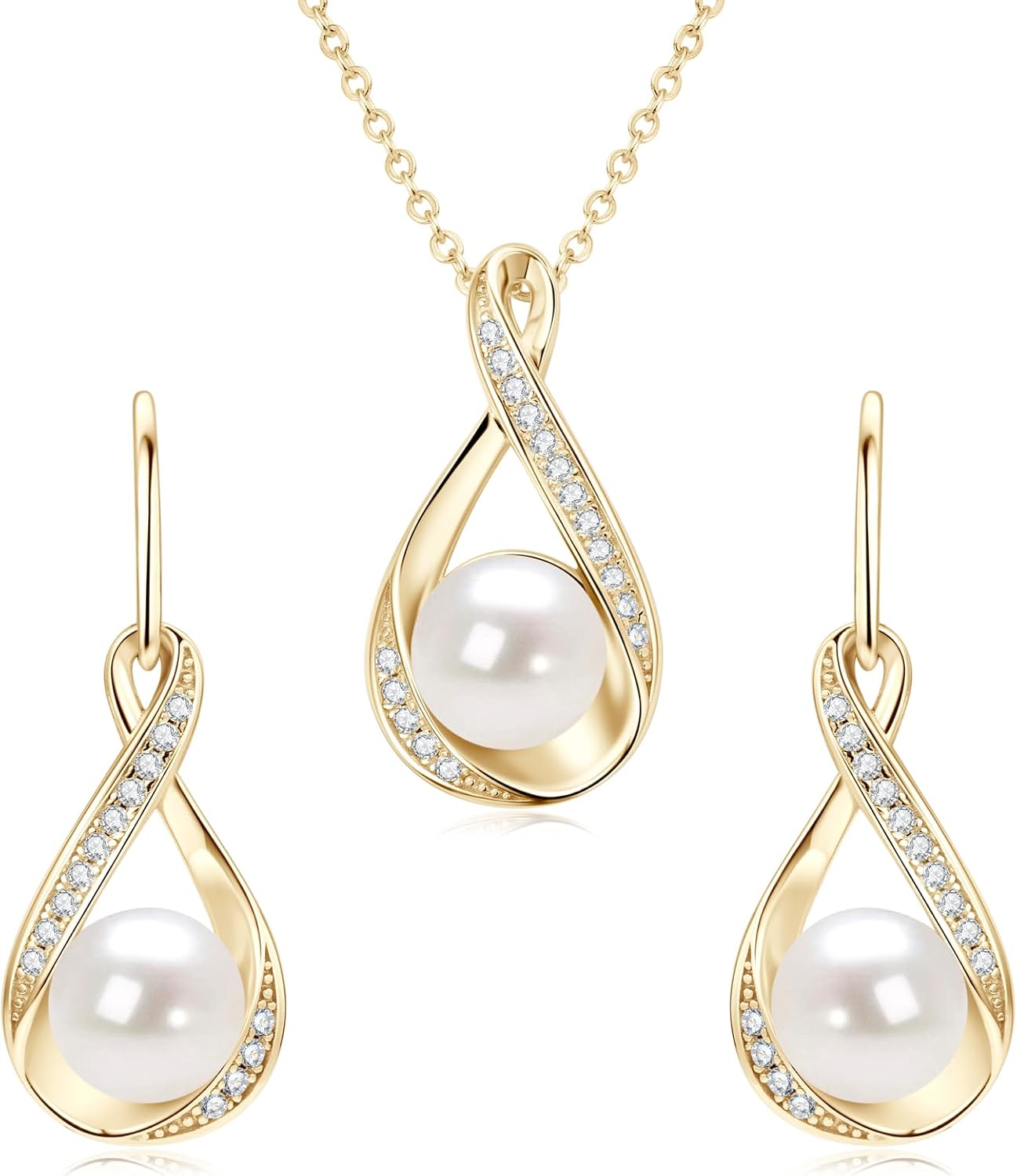 Sterling Silver Pearl Jewelry Set with Shiny Moissanite, Real Freshwater Pearl Earrings Necklace for Women, Wedding Jewelry for Brides Bridesmaid, Mother's Day