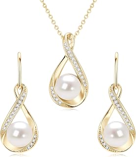 Sterling Silver Pearl Jewelry Set with Shiny Moissanite, Real Freshwater Pearl Earrings Necklace for Women, Wedding Jewelry for Brides Bridesmaid, Mother's Day