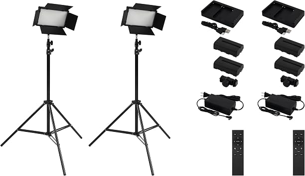 2 Pack Acurit Colorview Lux Studio Light Pro Studio Lights Photography Lighting Kit w/ 3 Color Temps, 4 Metal Barn Doors, 4160 Lumens LED w/Remote, AC Power Supply, Battery Pack, 66" Light Stand
