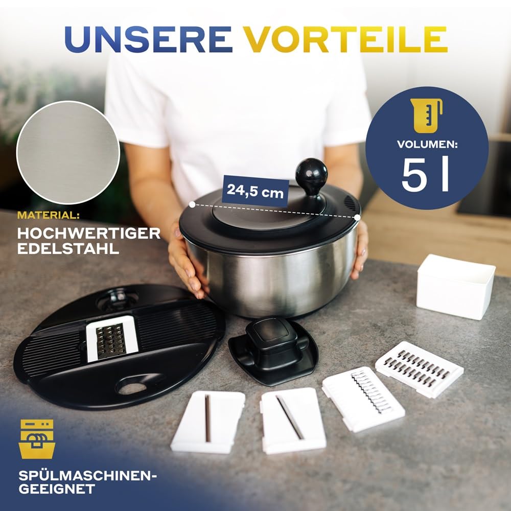 Salatschleuder Edelstahl mit Schneidefunktion [5 Verschiedene Aufsätze] Eigelbtrenner, Salatschüssel, Edelstahlschüssel mit 5L Volumen, Spülmaschinenfest zum Kochen Backen und Schneiden