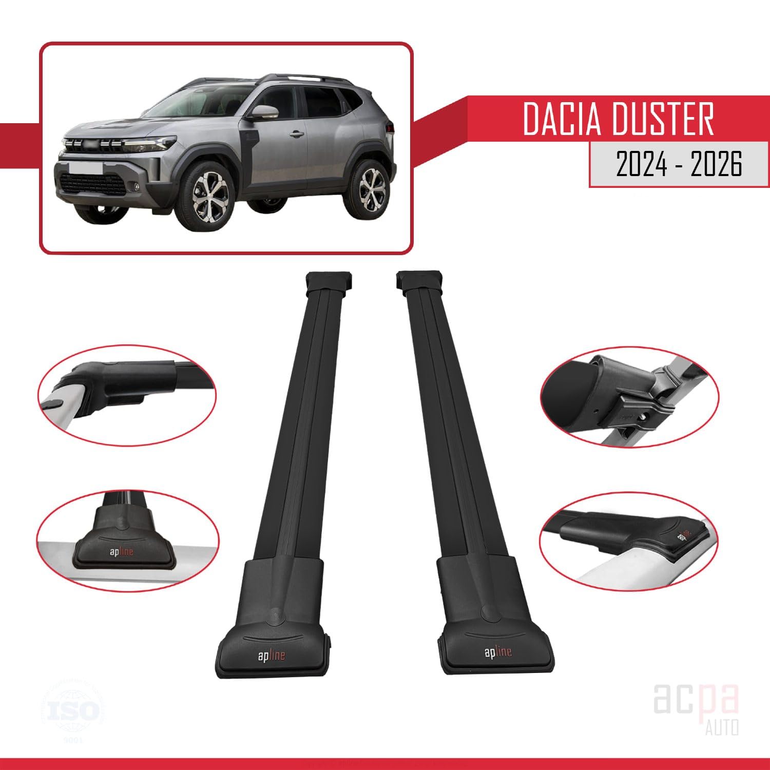 Compatible con Dacia Duster 3 (P1310) 2024-2026 Fly Model Barras de Techo Auto Portaequipajes Barras Transversales Negro Aluminio 2 Barras