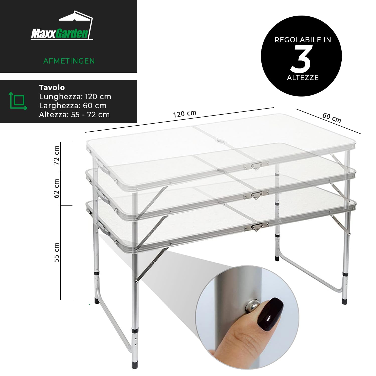 MaxxGarden Tavolo Pieghevole da Esterno – Tavolo da Giardino, Pic Nic e Campeggio – 120x60x70 cm – Salvaspazio – Colore Bianco
