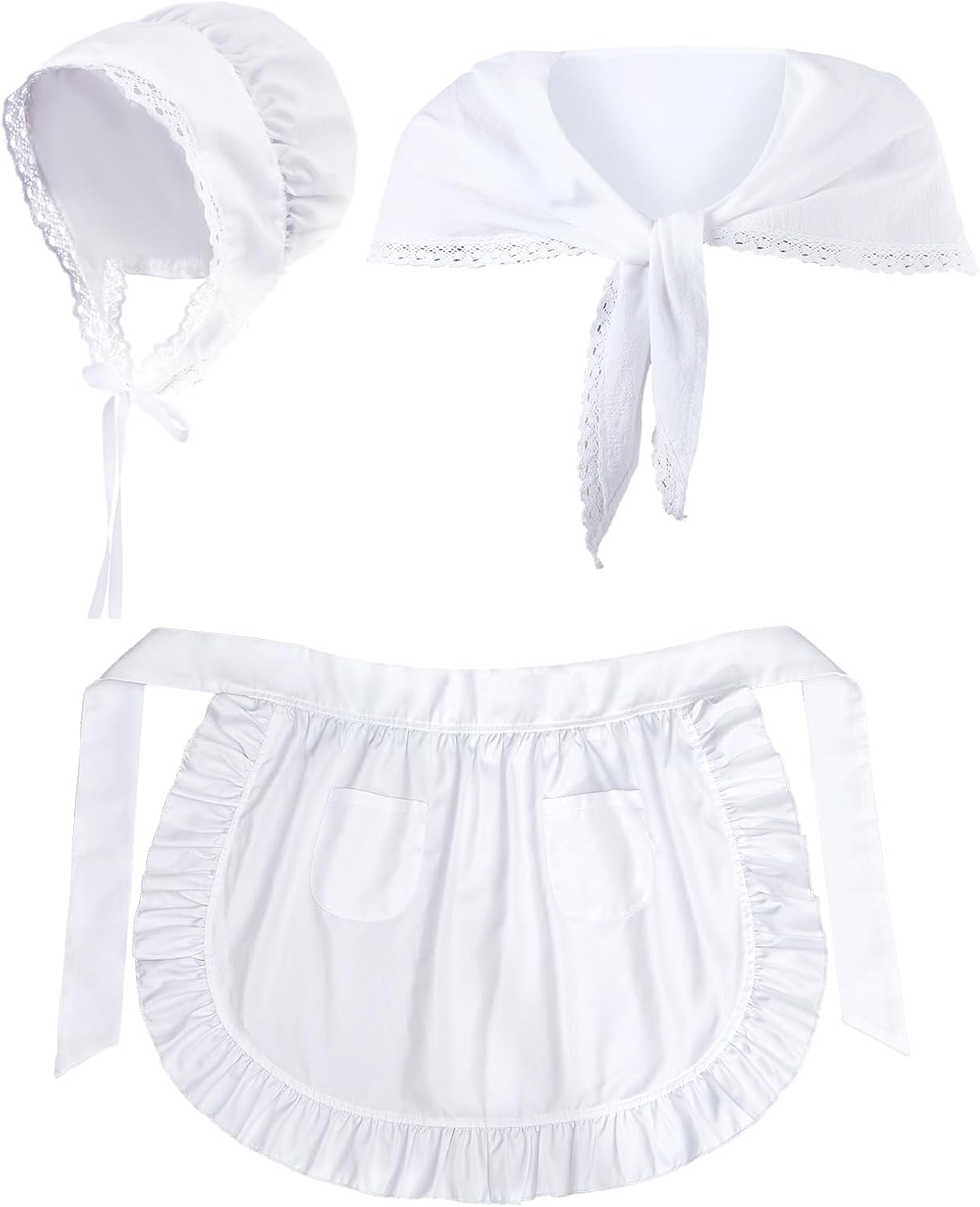 Hercicy Colonial Costume Women Set White Mob Cap Bonnet Shawl Waist Apron Pilgrim Costume Accessories Girl