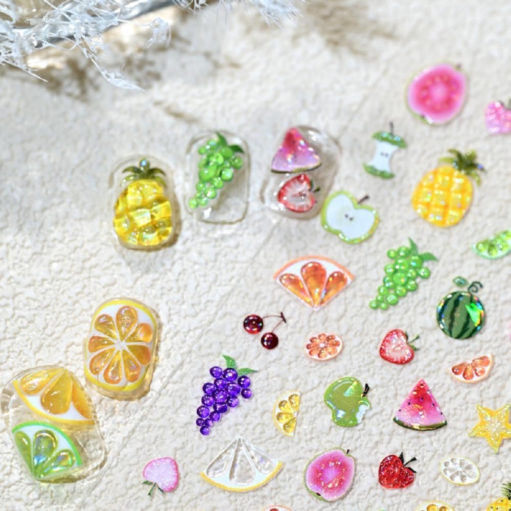 Fruits Nail Stickers 5D Embossed Colorful Nail Decals Strawberry Nail Designs Cute Cherry Nails Supplies 3D Self-Adhesive Tropical Spring Summer Nails Stickers Decals for Women DIY Manicure 1 Sheet image 3