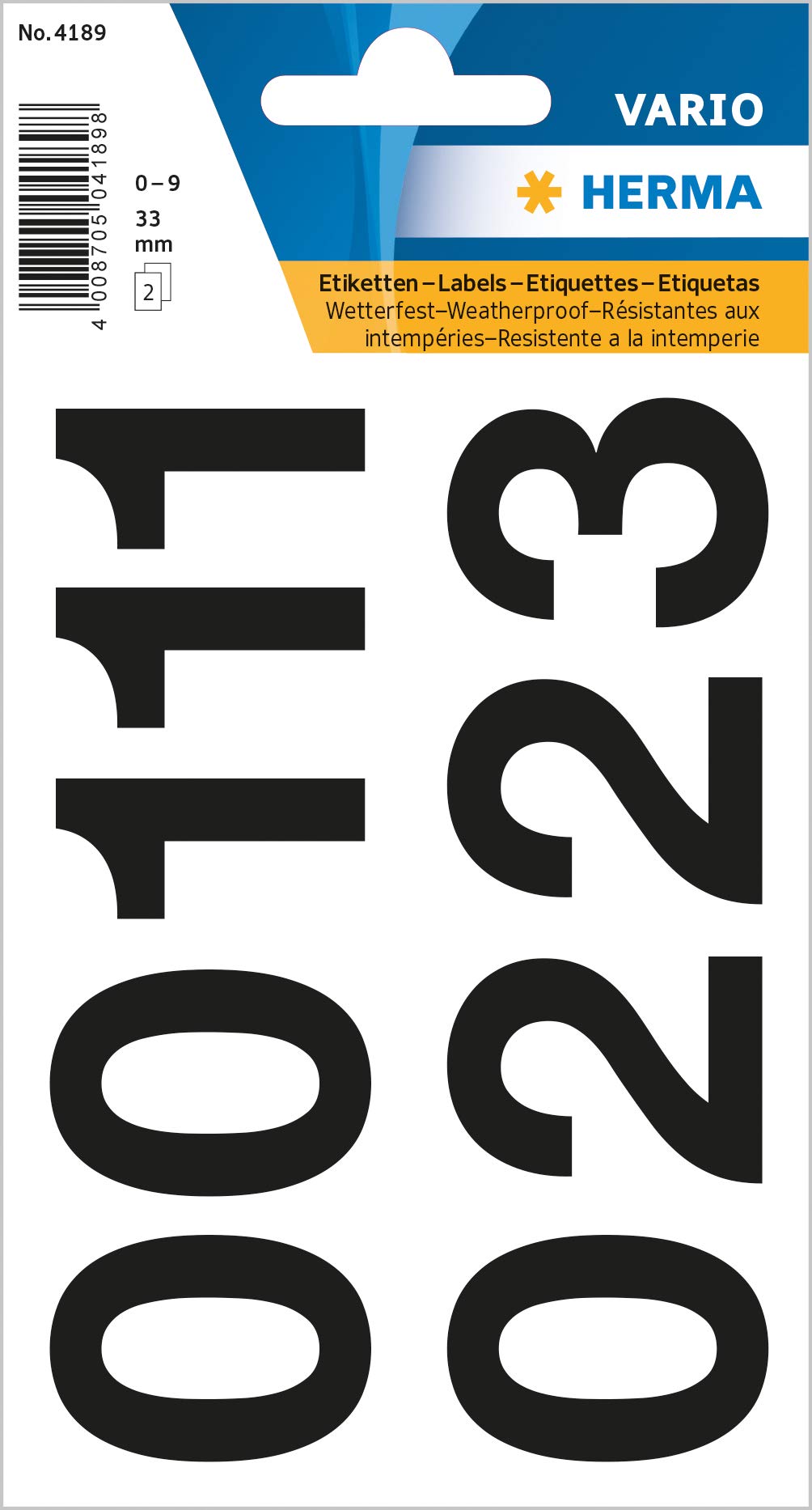 Herma 4189 Numbers, 33 mm, 0-9, Weatherproof, Foil, Black, 2 Sheets