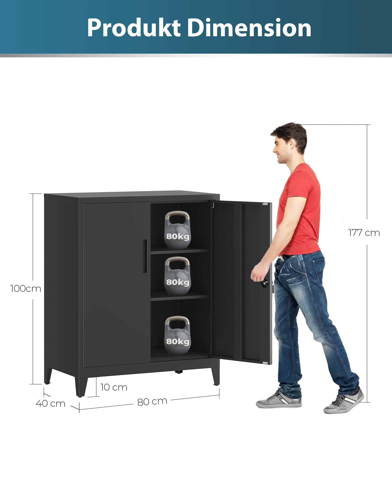 Aktenschrank, abschließbarer Garagenschrank, 2 Ebenen Büroschrank, Werkstattschrank mit verstellbaren Regalen, für Büro, Garage und Hauswirtschaftsraum, 40 x 80 x 100 cm, Schwarz