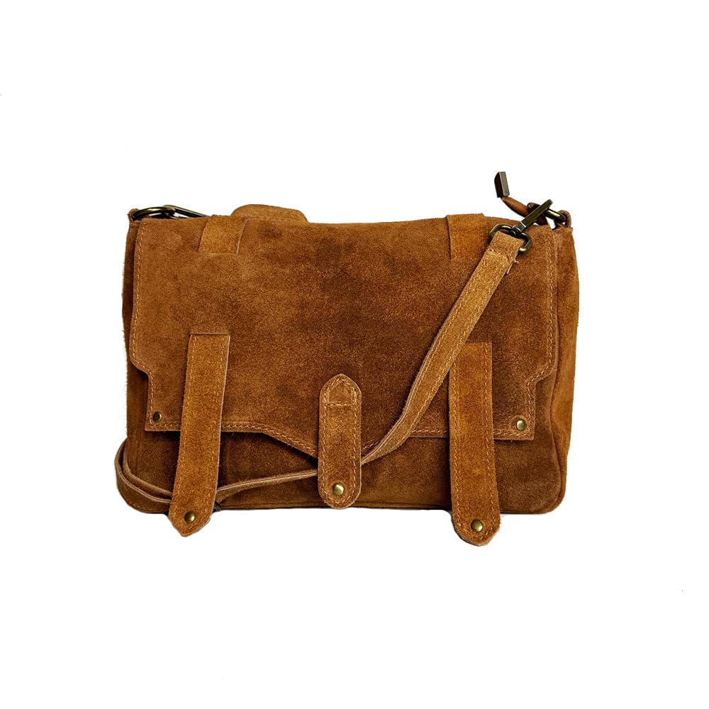 Borsa a Tracolla Donna in Vera Pelle Scamosciata – Stile Messenger con Patta e Tracolla Regolabile – Made in Italy – Elegante, Capiente, Chiusura Magnetica – 32x20x11 cm