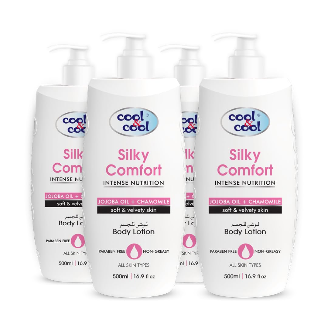 Cool & Cool Silky Comfort Body Lotion 500ML(Pack of 4) - Nourishing Formula for All Skin Types, Enriched with Jojoba Oil & Chamomile, Non-Greasy & Paraben-Free for Soft and Velvety Skin 2L