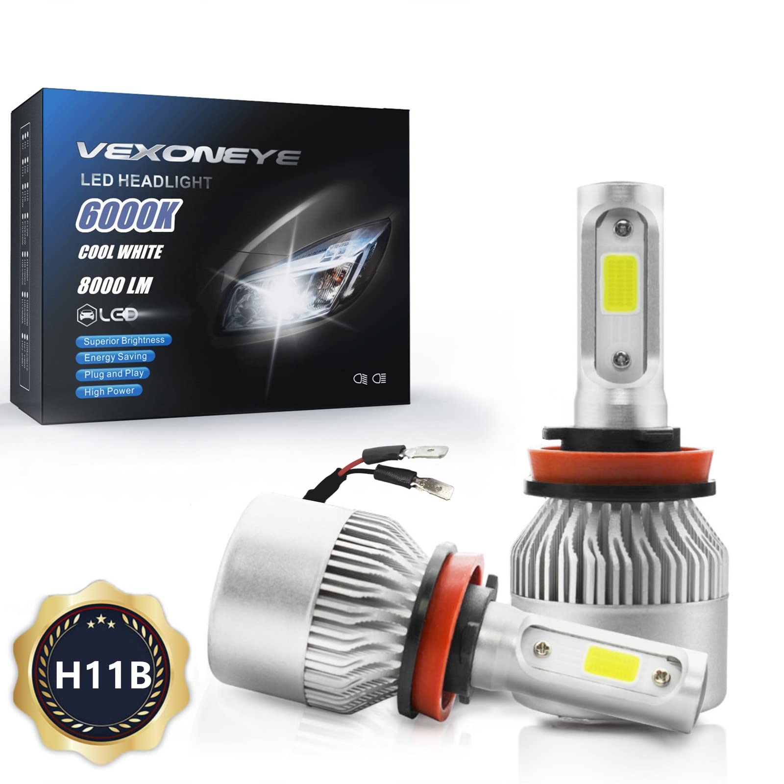 2 Pack H11B LED Headlight Bulb 6000K 8000LM Cool White Bright Conversion Kit Replacement with Fan,canbus Hi/Lo Beam