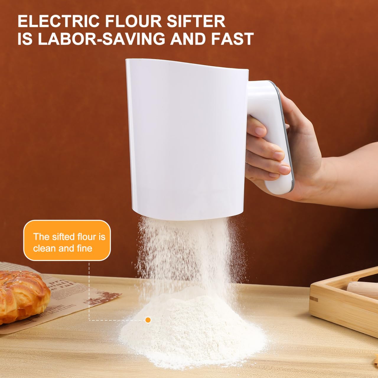 Flour Sifter For Baking, Electric Flour Sifter, Handheld Powder Shaker Strainer for Powdered Sugar, Cooking Pastry Baking Sifting Pastry Tools, Battery Operated Flour Sieve for Baking