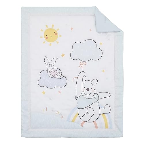 Miniatura 2 de Disney Winnie The Pooh Hello Sunshine - Juego de ropa de cama multicolor para cuna, 3 piezas, diseño de arcoíris, sol amarillo y nubes azules,