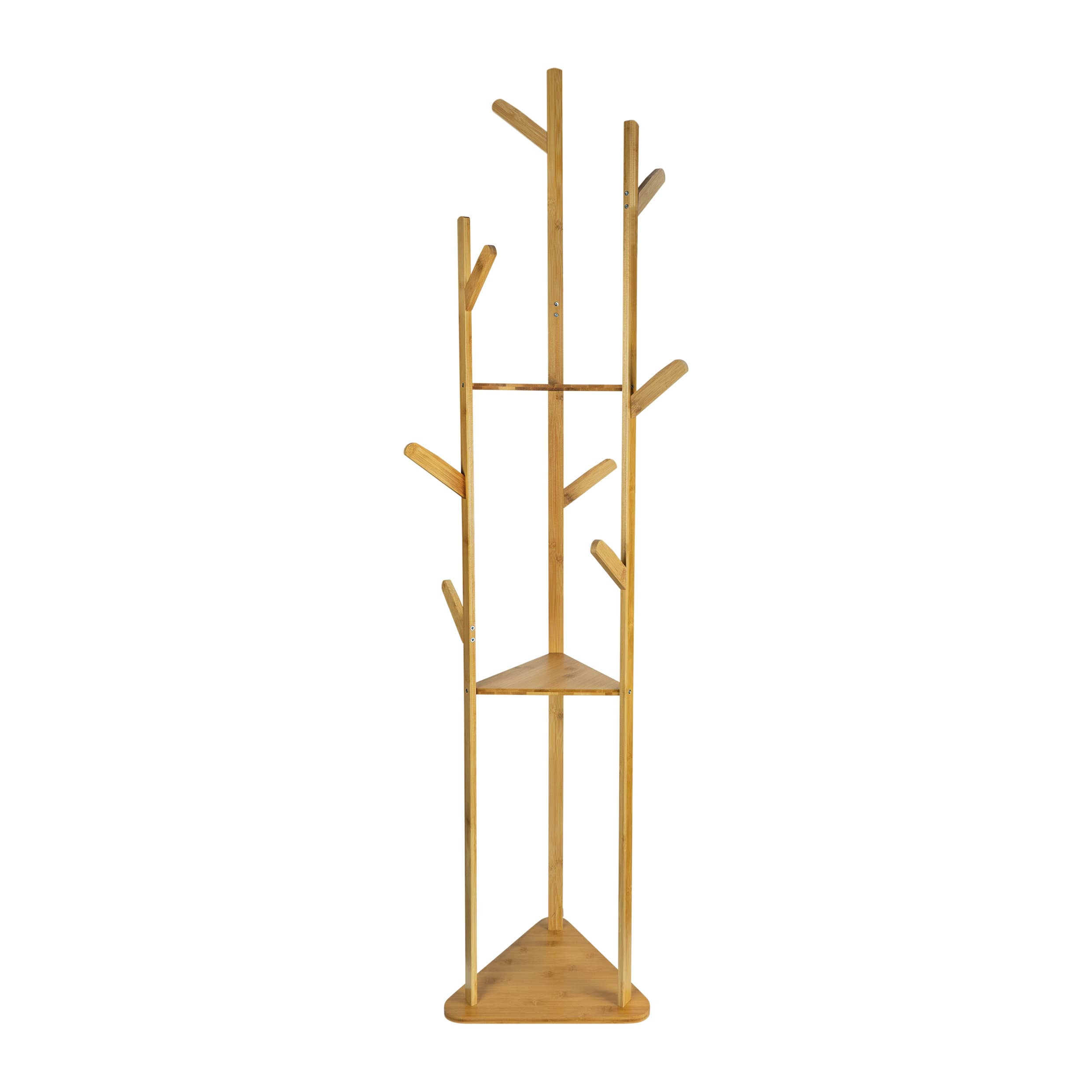 QUVIO Appendiabiti da Terra, Attaccapanni, con 3 ripiani e 9 ganci, Base in Piastra Quadrata, Stand Appendiabiti per Ingresso, Corridoio, Entrata, Legno, 32,5 x 36 x 164 cm (Marrone chiaro)