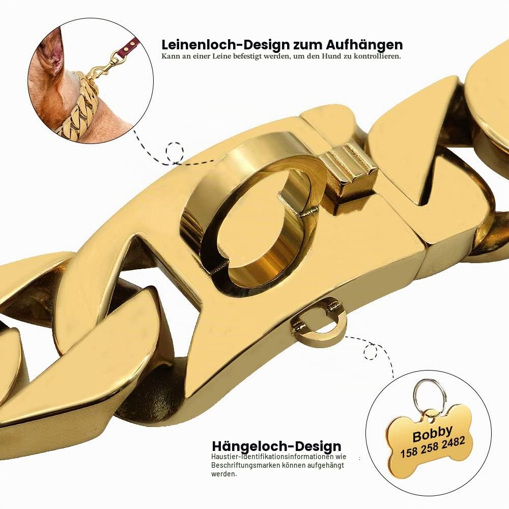 LINGYUN Goldkette Hundehalsband Hochleistungs-Choke Kubanische Hundekette für Große Hunde, 30 Mm Breite, Hundehalsband, Starke Stahlmetallglieder für Große Rassen,Silber,55CM/21.5in
