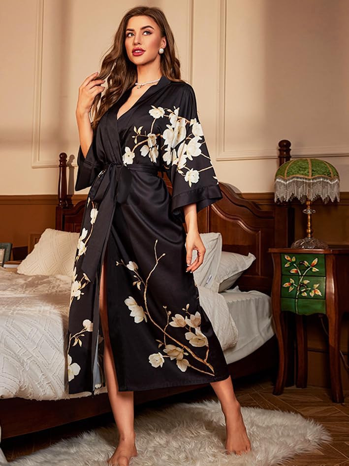 Kimono Robes for Women Long Dressing Gown Charmeuse Satin Floral Print Silky Robe Sleepwear Wedding Bachelorette Party - Image 3