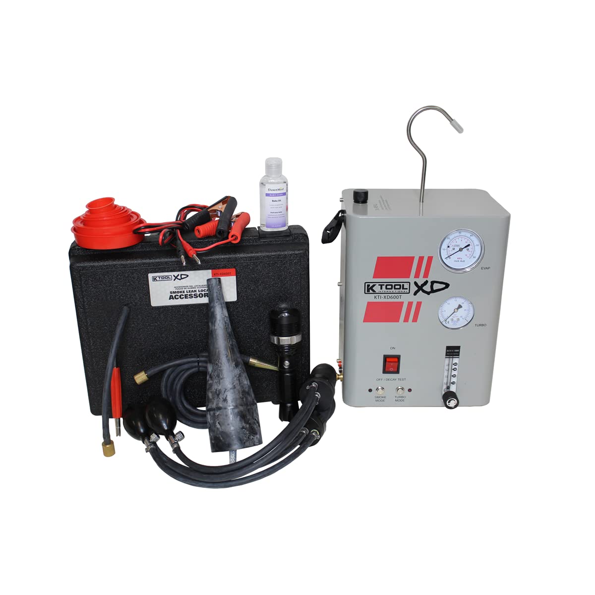 K Tool International XD600T Leak Detection Smoke Machine for Garages, Repair Shops, and DIY, Dual Testing Mode, Ceramic Heater, Vacuum and Pressure Decay Gauge, Air Compressor, (2) Bladder Blockers