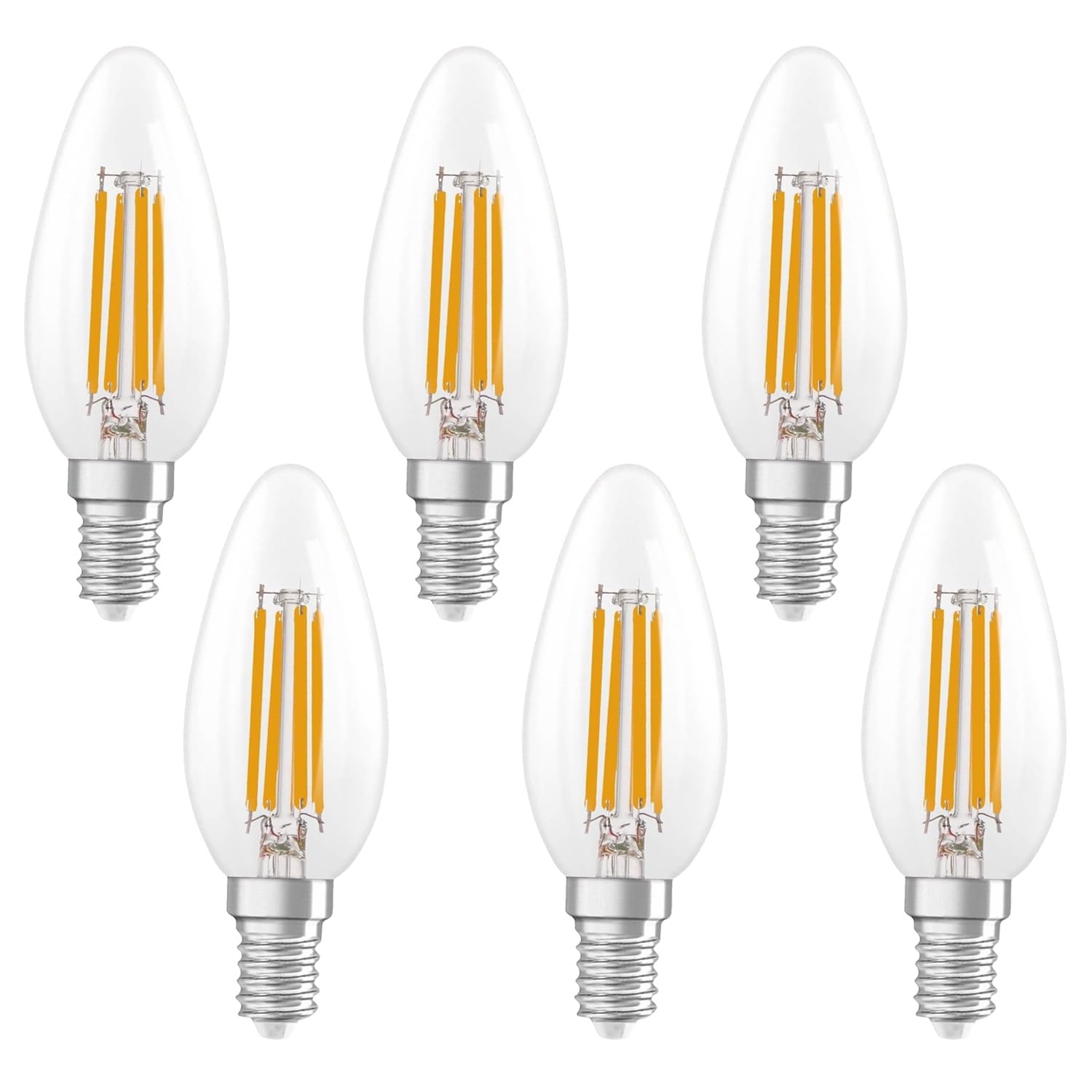 OSRAM LED lamp Superstar B40 Candle Shape Filament dimmable, 2700 K Warm White, 3.4 W, E14, Clear, 470 lm, 15,000 h, for Chandeliers and wall Lights,6-Pack