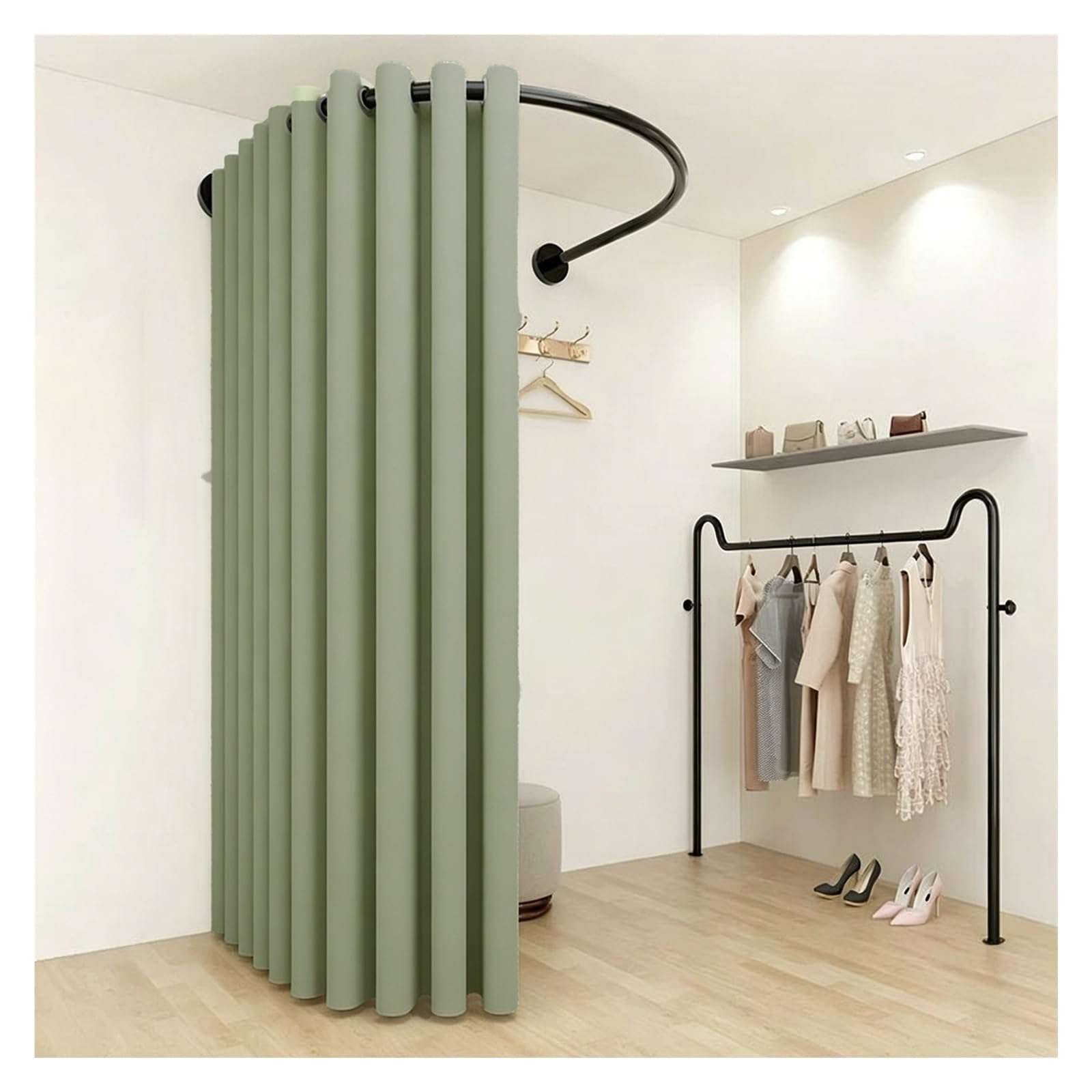 ZJKXJH Boutique Fitting Room Partition Curtain Rod, Wall Mount U Shaped Heavy Duty Curved Rail for Clothing Store, Privacy Partition Curtain Rod(With B Curtains,Black Rod 110cm/43.3in)