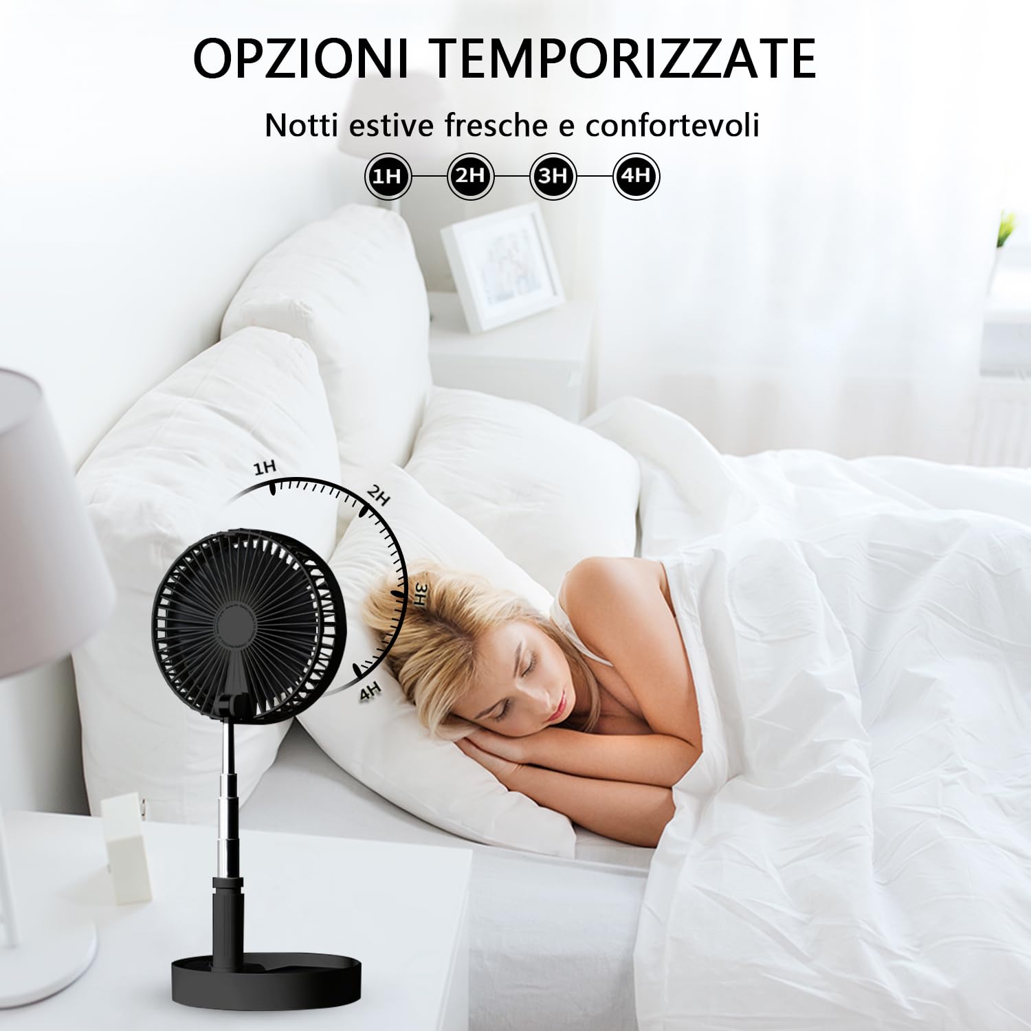UN UNITEDTIME ventilatore portatile pieghevole ricaricabile [telecomando] a batteria pieghevole in piedi ventilatore a pedestallo, 4 velocità, timer per il viaggio in campeggio, camera da letto(Nero)