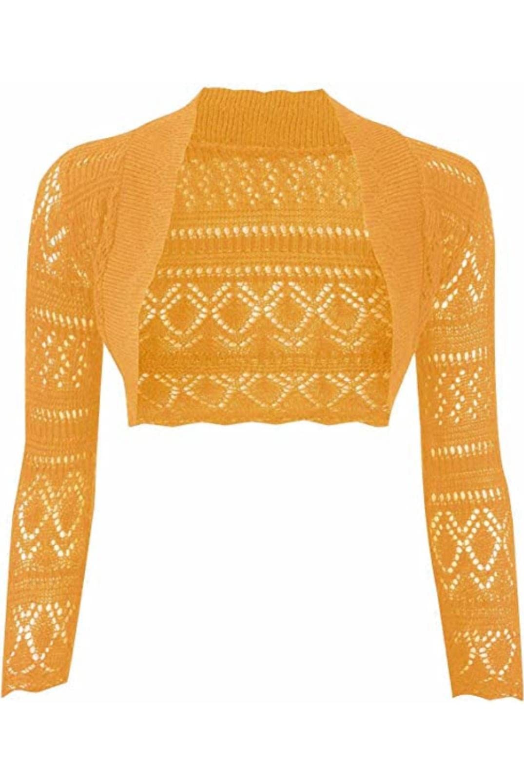 JJ CLOTHING Women's Long Sleeve Crochet Bolero Shrug Plain Cropped Knitted Open Cardigan (Mustard, S/M)