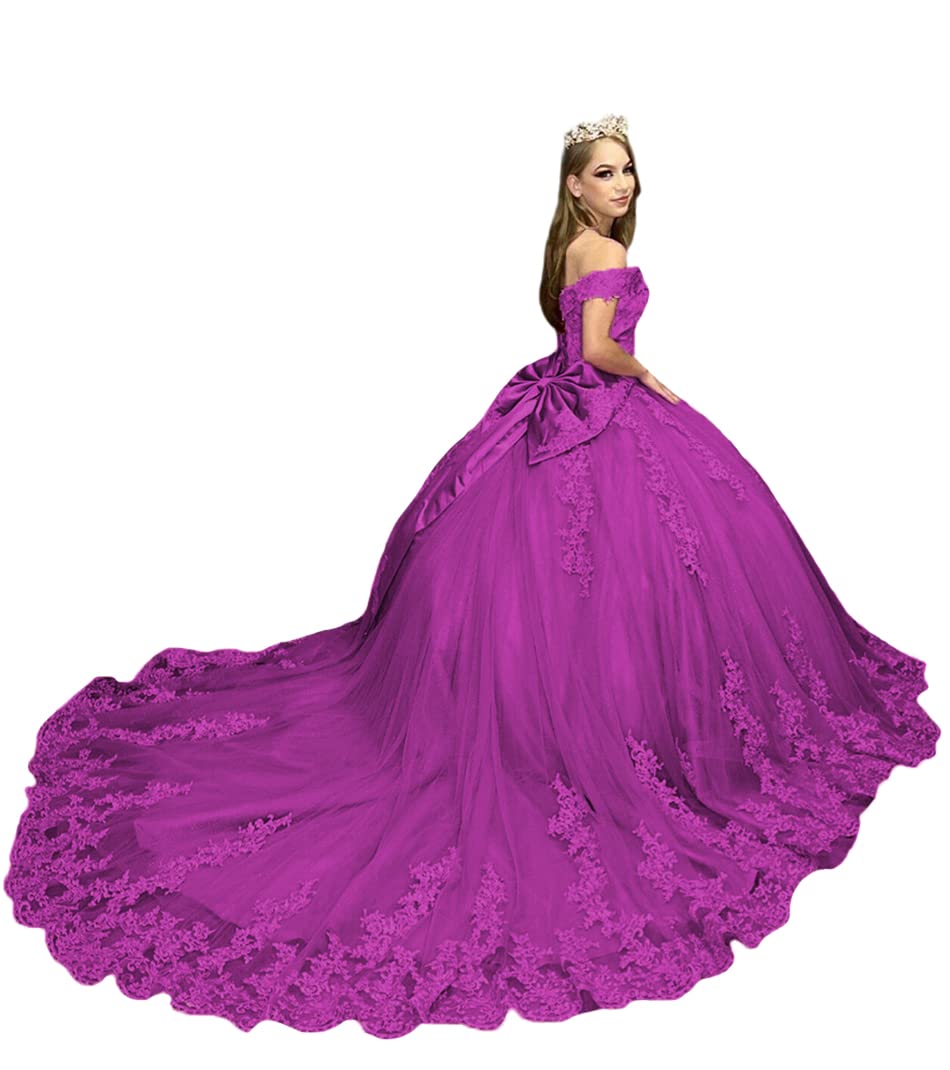 PFTFB Gorgeous Off Shoulder Quinceanera Dresses Puffy Long Ball Gown with Train Lace Beaded Tulle Sweet 16 Dresses