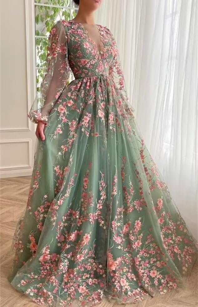 Jamille Tea Length Prom Dress for Women Formal Floral Gowns with Puffy Sleeves Long Embroidery Tulle Evening Dress JA0011 B3