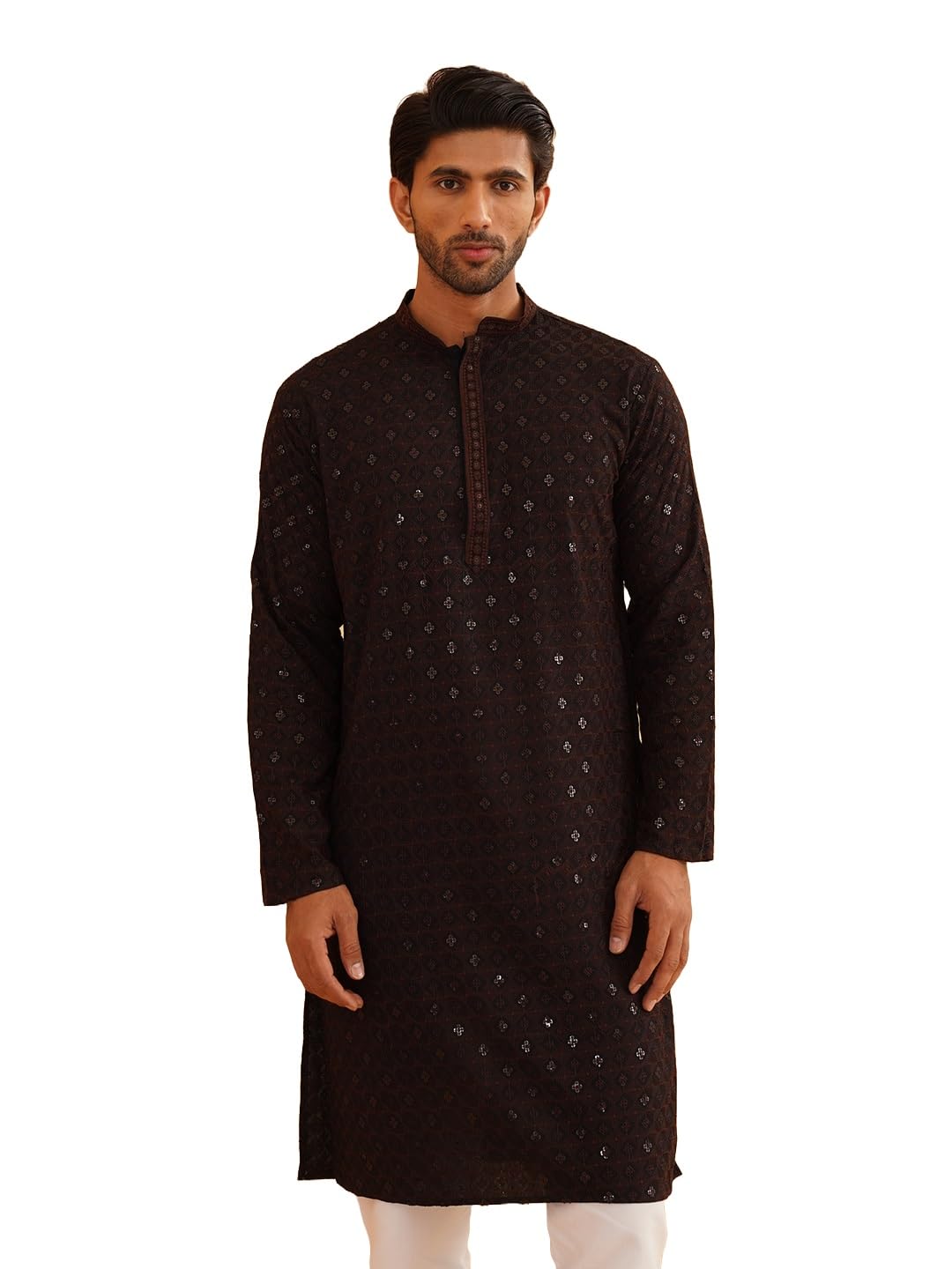 Sojanya (Since 1958 Men's Cotton Contrast Embroidered Sequinned Coffee Brown Long Kurta Size 44