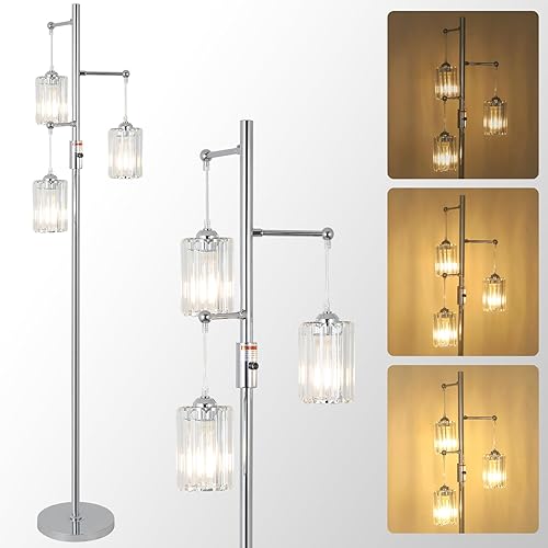 Moderna lámpara de pie de cristal para sala de estar, lámpara de pie regulable, lámpara industrial de árbol plateado con pantalla de cristal,