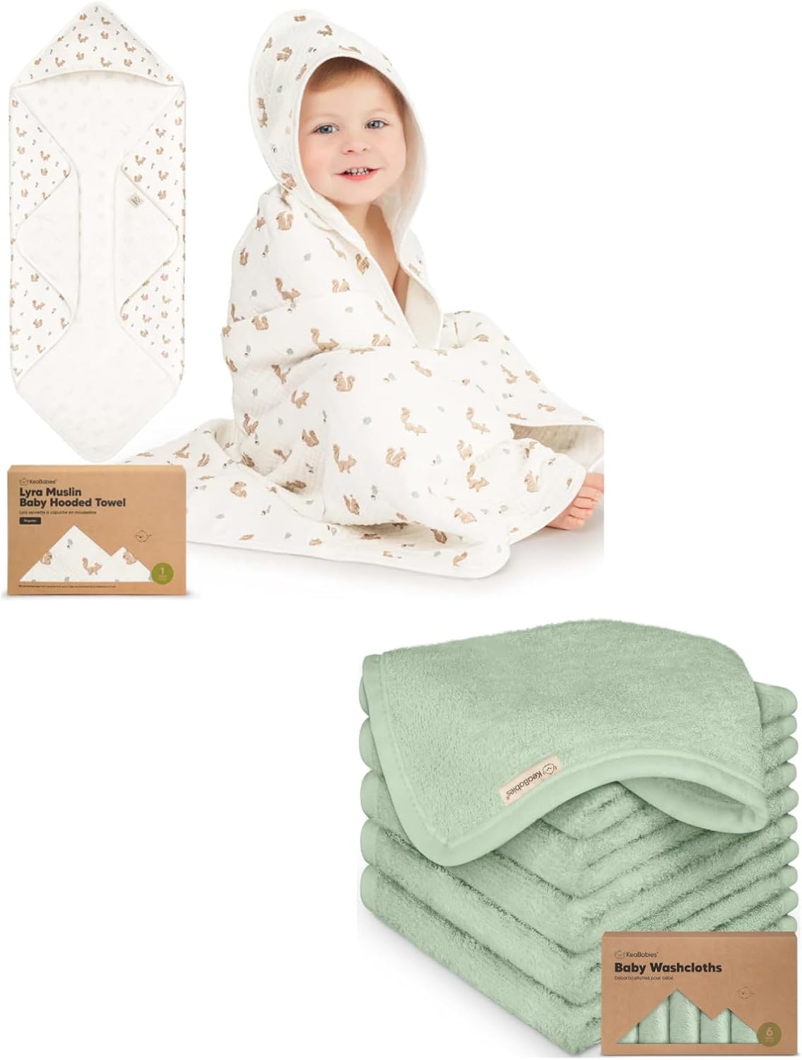 KeaBabies Muslin Baby Towel with Hood for Girls, Boys and Baby Washcloths for Newborn, Kids - 100% Cotton Hooded Baby Towels for Newborns, Toddlers - Bath Baby Towels, Face Towel, Face Cloths