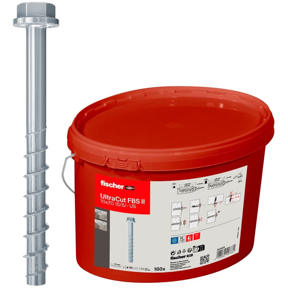 Fischer UltraCut FBS II 10x70 15/5 US Secchio 160x Viti per Calcestruzzo Testa Bombata Larga per Fissaggio e Rinforzo Solai in Cemento, Riultilizzabili, per Zona Sismica C1 e C2