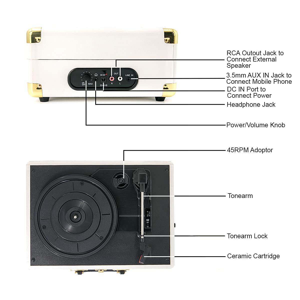 Claw Stag Portable Vinyl Record Player Turntable with Built-in Stereo Speakers, Volume Control Knob, AUX Input and RCA Output, 78 RPM Speed, High Qualiy Diamond Stylus and Headphone Jack (White) Product Image 4
