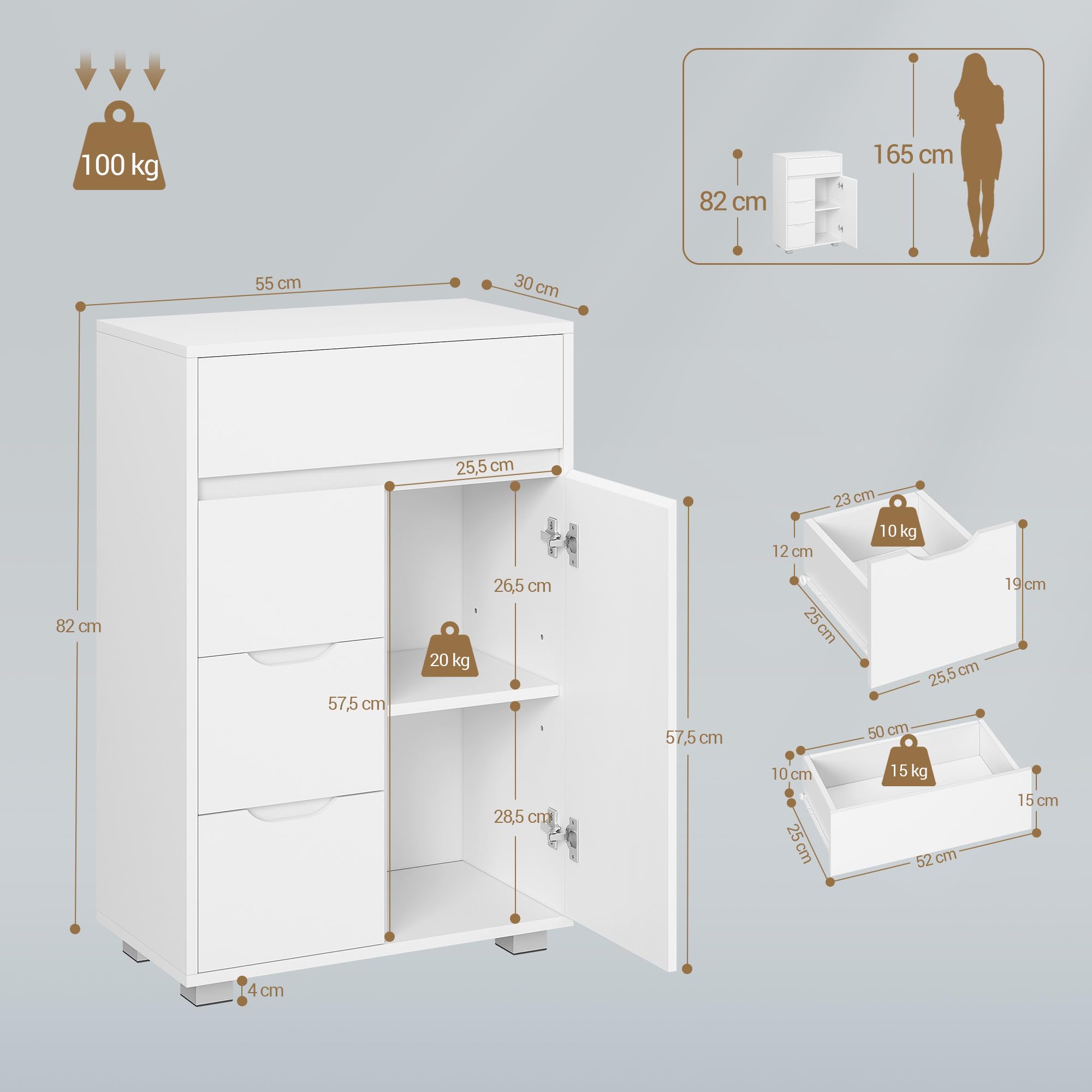 Hzuaneri Badezimmerschrank, Badschrank mit Verstellbare Ablage, Kommode mit 4 Schubladen und 1 Schranktür, Modern, für Wohnzimmer, Badezimmer, 30 x 55 x 82 cm Weiß SC05503X