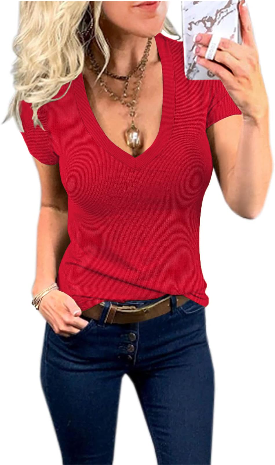 RIROW Womens Tops Summer Slim Fit Ribbed Basic V-Neck Shirt 2026 Trendy XS-3XL