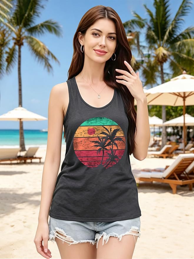 Vintage Graphic Tank Tops for Women Summer Beach Graphic Loose Tanks Sleeveless Vest USA Flag Vacation Racerback Tank Cami image 6