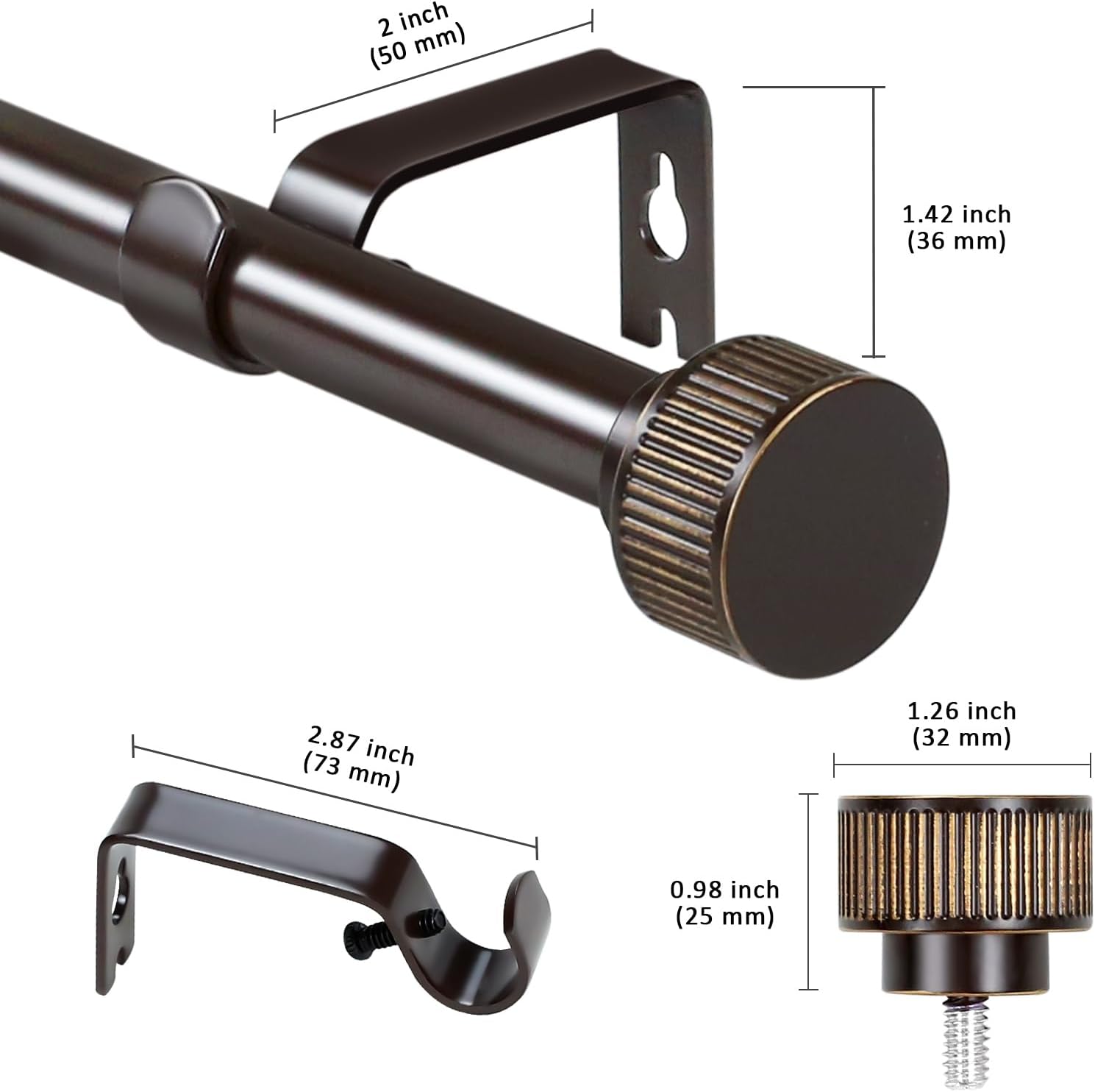 5/8" single Curtain Rod with Bouton Finials 2set (Bronze Gold, 48"-84")