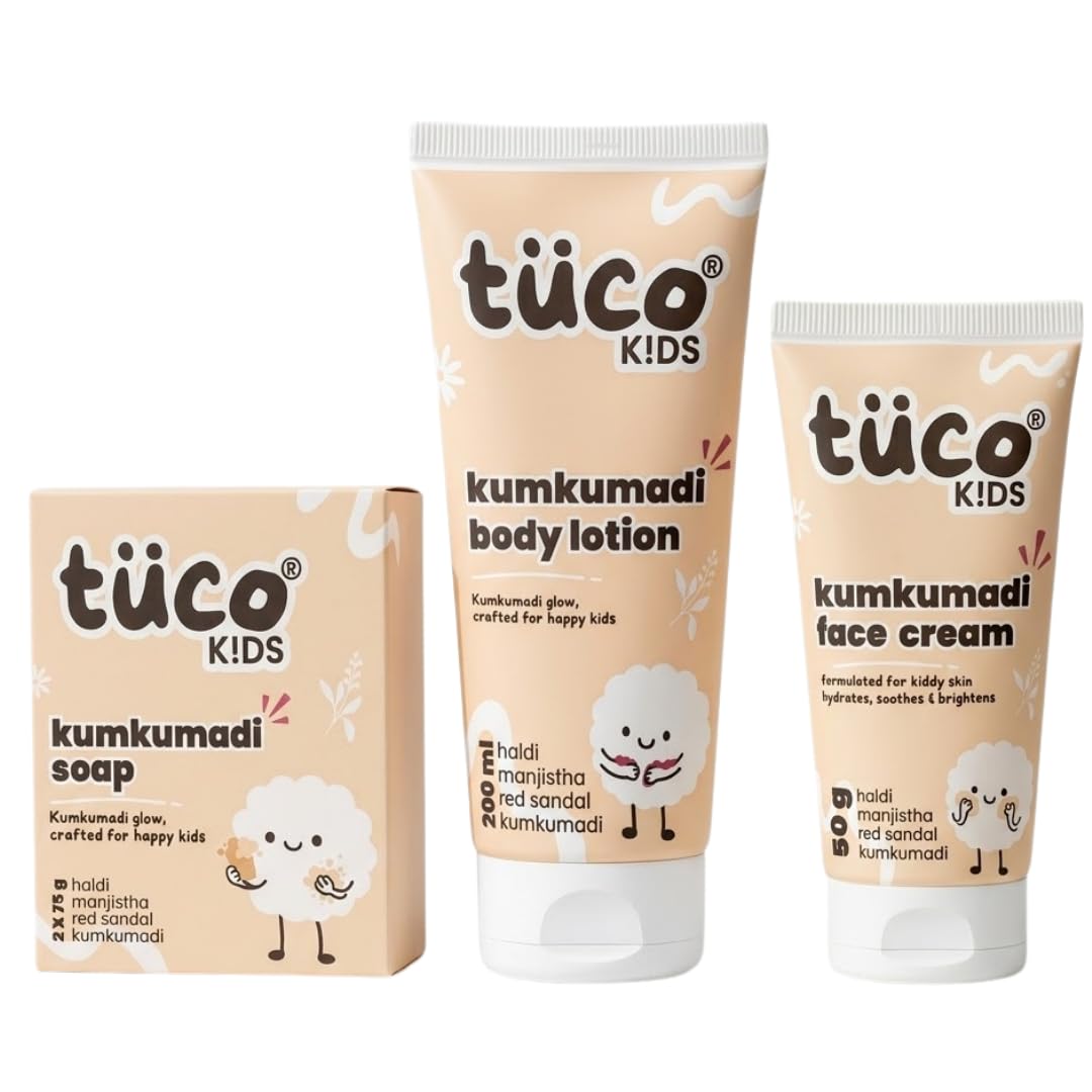 Tuco Kids 3-in-1 Kumkumadi Skincare Kit | Ayurvedic Kids Soap, Body Lotion & Face Cream | Red Sandalwood, Manjistha & Haldi | Clinically Tested | Paraben & SLS Free | Kids Skin Care | 0-12 Years Age-image-6