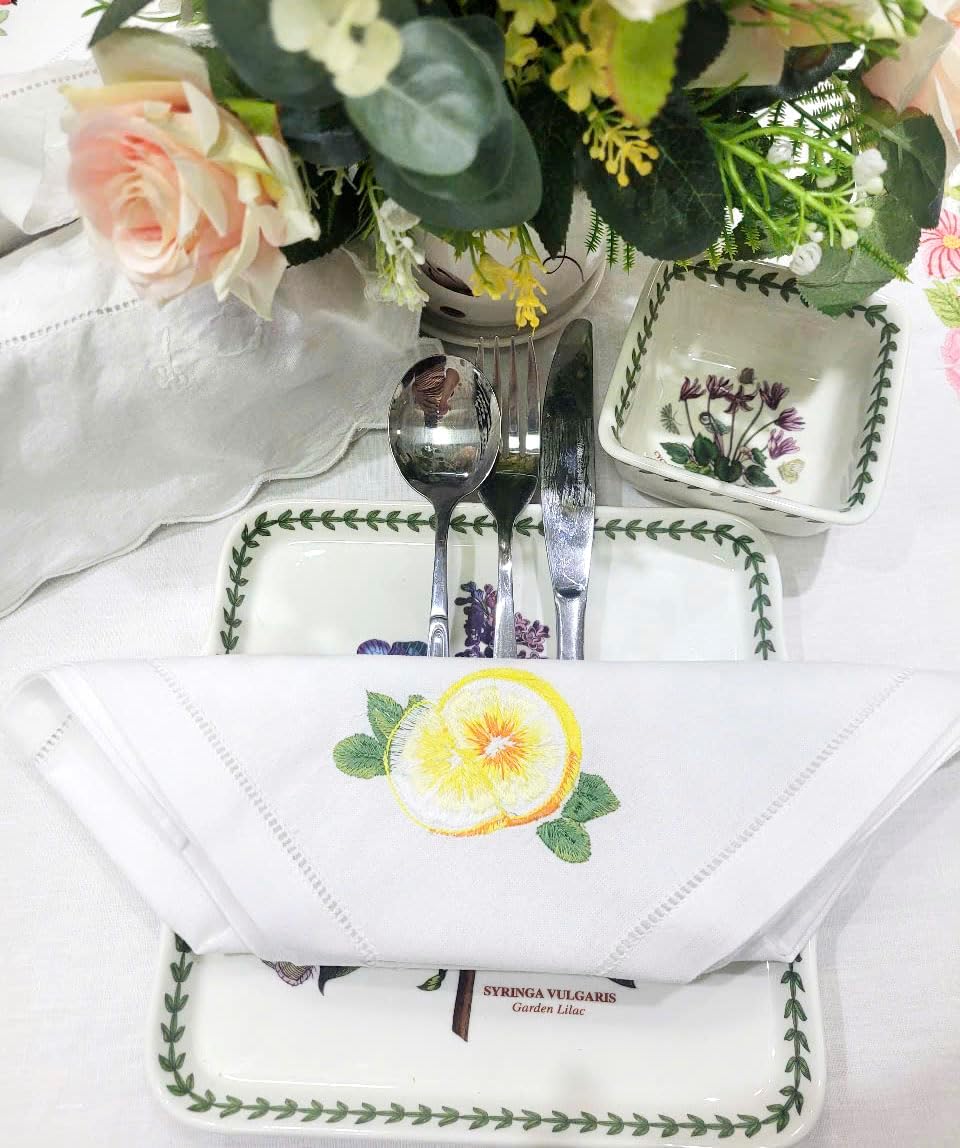 Embroidered Cloth Napkin Lemon Cotton Napkins Set of 6, 20x20 Hemstitch Table Napkins Machine Washable, Daily & Holidays, Great Present Ideas