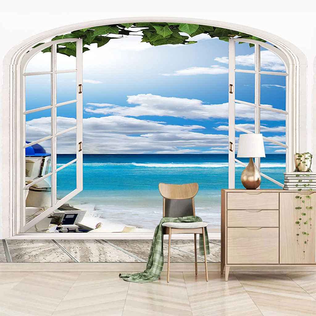 Papier peint vue mer bleue 3D pour un salon lumineux de 200x140 cm