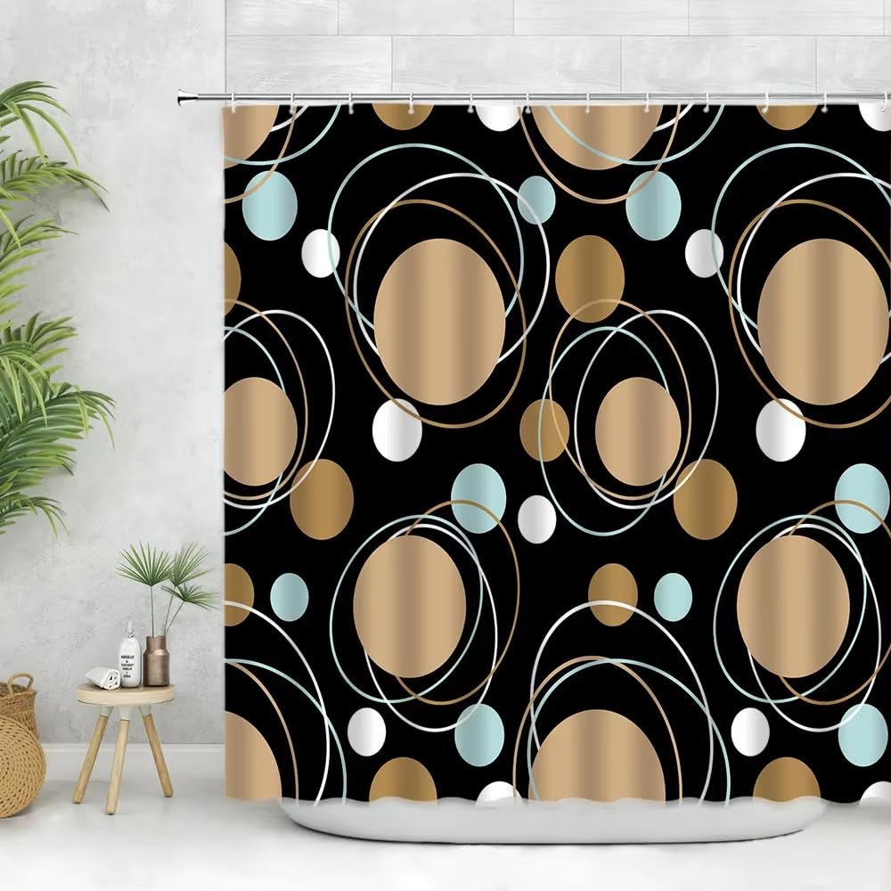 KELAIMI Teal Blue Abstract Circle Shower Curtain,Abstract Simple Geometric Bathroom Curtain,Waterproof Washable Bathtub Curtains with Hooks Black 90X180Cm