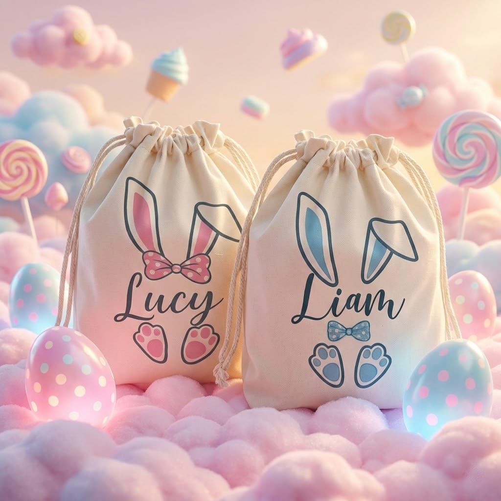 Personalised Easter Basket for Girls Boys Custom Name Easter Egg Bunny Baskets Canvas Easter Rabbit Baskets with Drawstring Gifts for Holiday Presents and Egg Hunt